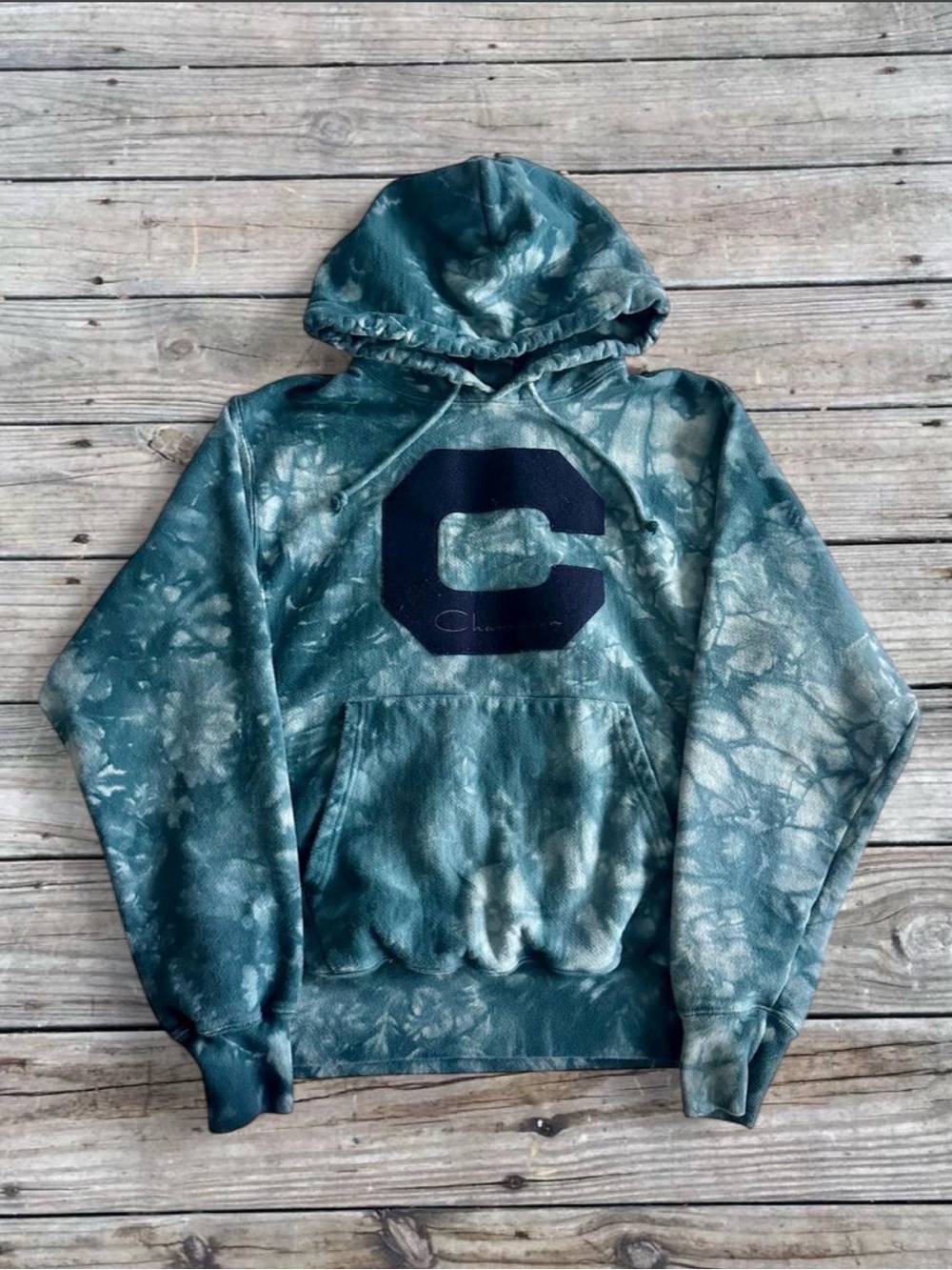 Champion Men's Teal Tie-Dye Crewneck Hoodie with Black Logo